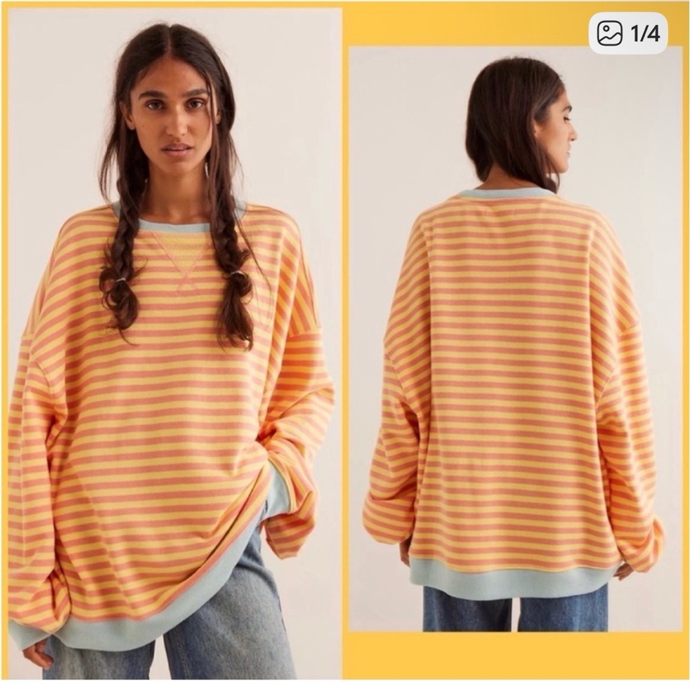 NWOT Free People Classic Striped Oversized Crewneck In Tangerine Combo Size XS